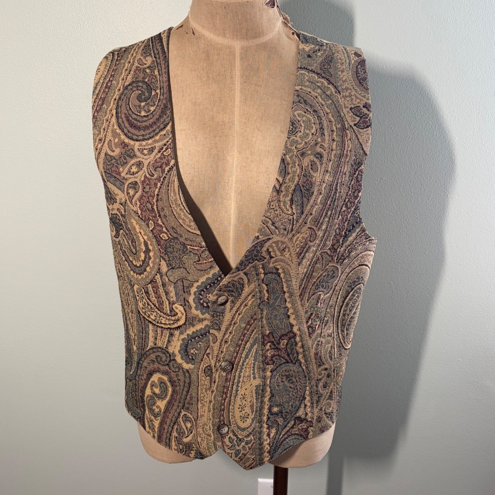 Vintage Light Academia Attitudes Paisley Tapestry Vest Mens Medium Tan